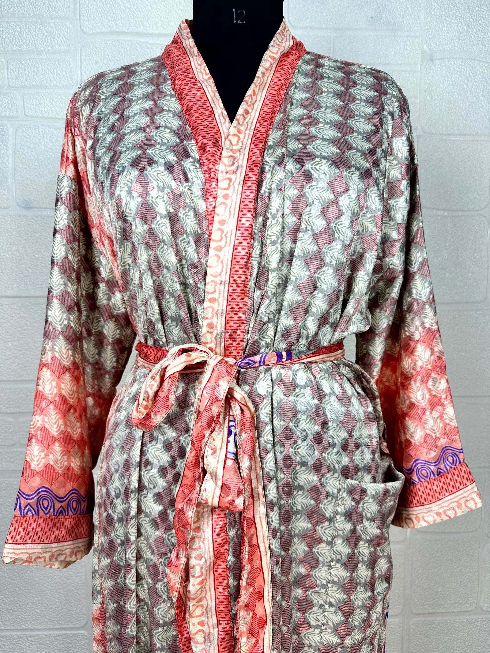 Recycle Boho House Robe Kimono Vintage Silk Sari Dressing Gown, Beach Coverup, Bridesmaid, Anniversary Gift Her | Leaf Print Grey Red