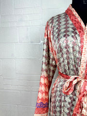 Recycle Boho House Robe Kimono Vintage Silk Sari Dressing Gown, Beach Coverup, Bridesmaid, Anniversary Gift Her | Leaf Print Grey Red