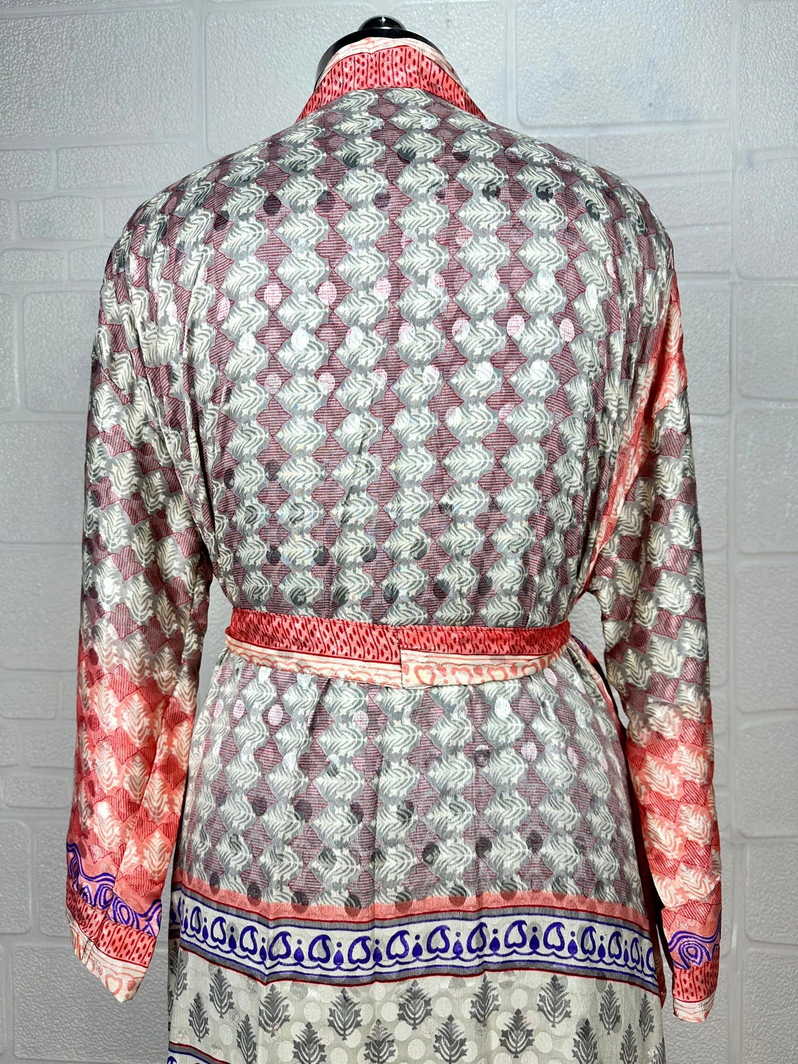 Recycle Boho House Robe Kimono Vintage Silk Sari Dressing Gown, Beach Coverup, Bridesmaid, Anniversary Gift Her | Leaf Print Grey Red