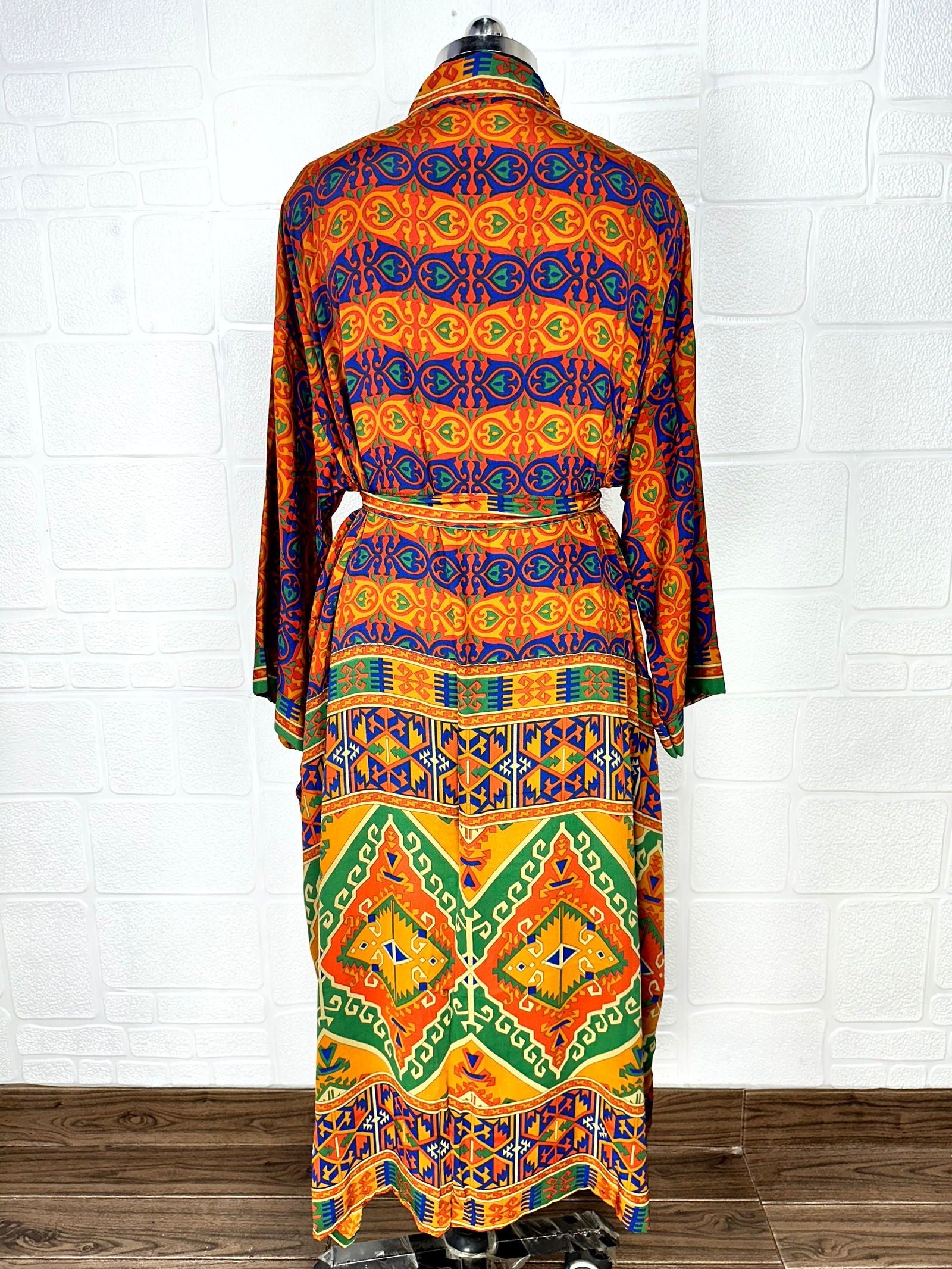 Recycle Boho House Robe Kimono Vintage Silk Sari Dressing Gown, Beach Coverup, Bridesmaid, Anniversary Gift Her | Leaf Print Orange Blue