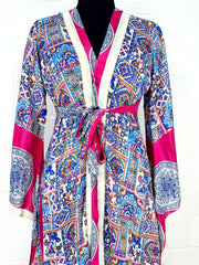 Recycle Boho House Robe Kimono Vintage Silk Sari Dressing Gown, Beach Coverup, Bridesmaid, Anniversary Gift Her | Mandala Print Blue Pink