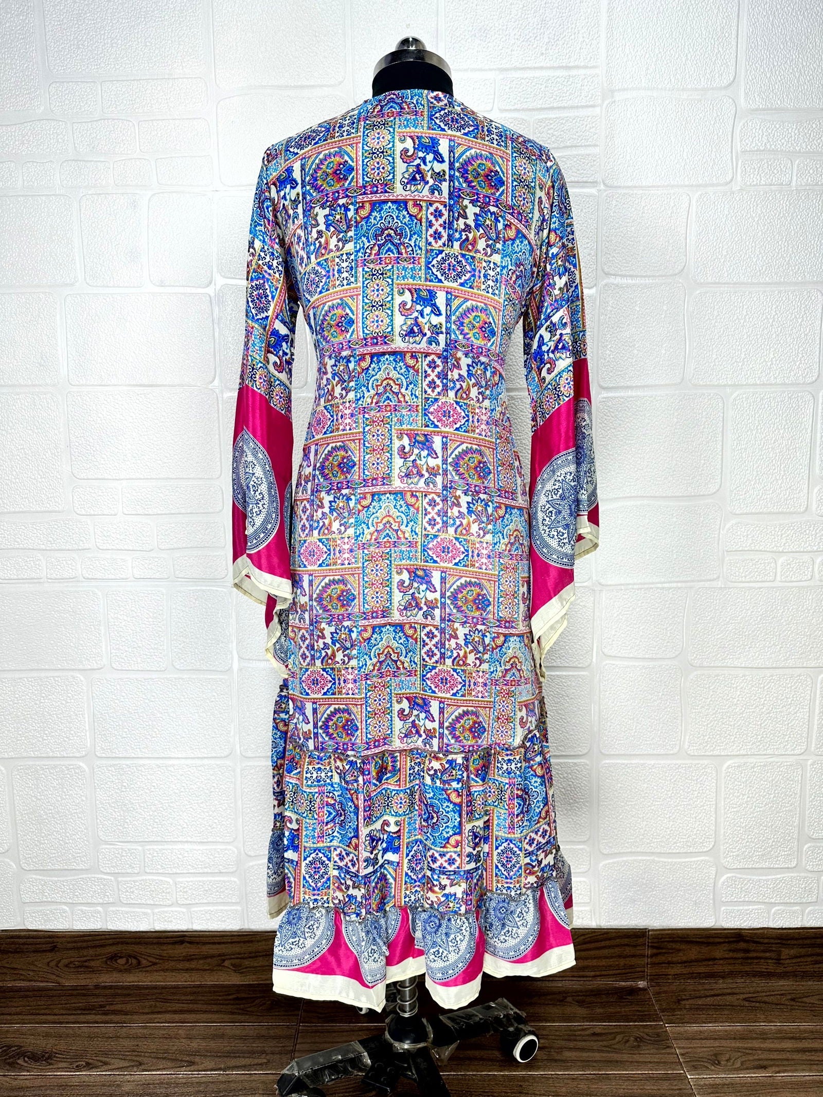Recycle Boho House Robe Kimono Vintage Silk Sari Dressing Gown, Beach Coverup, Bridesmaid, Anniversary Gift Her | Mandala Print Blue Pink