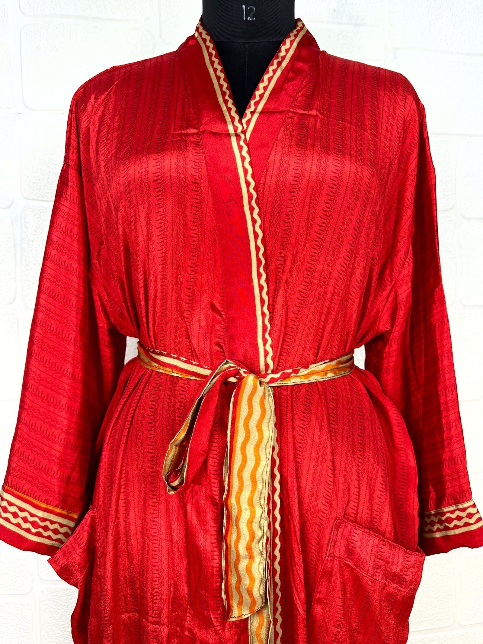 Recycle Boho House Robe Kimono Vintage Silk Sari Dressing Gown, Beach Coverup, Bridesmaid, Anniversary Gift Her | Motif Print