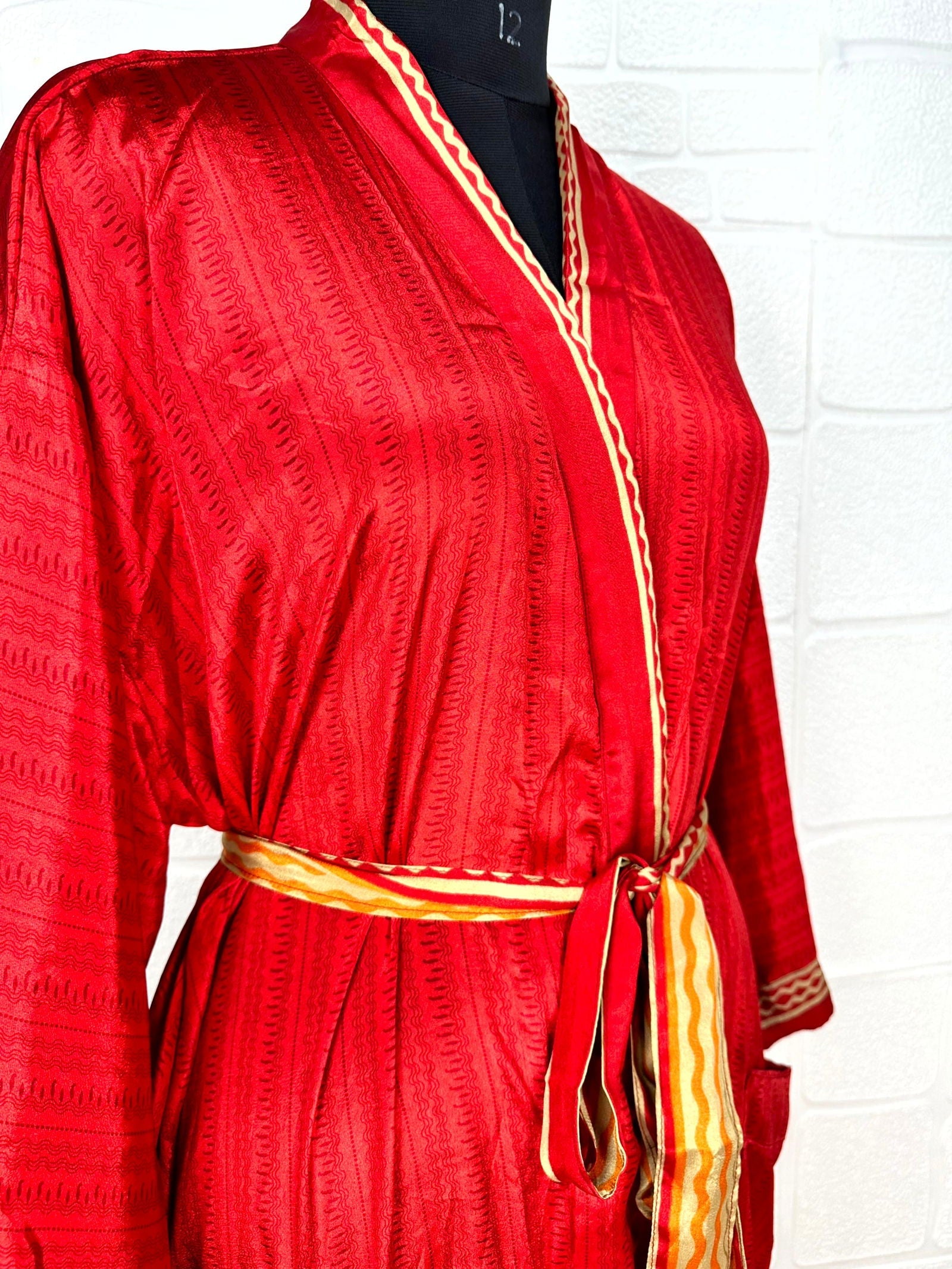 Recycle Boho House Robe Kimono Vintage Silk Sari Dressing Gown, Beach Coverup, Bridesmaid, Anniversary Gift Her | Motif Print