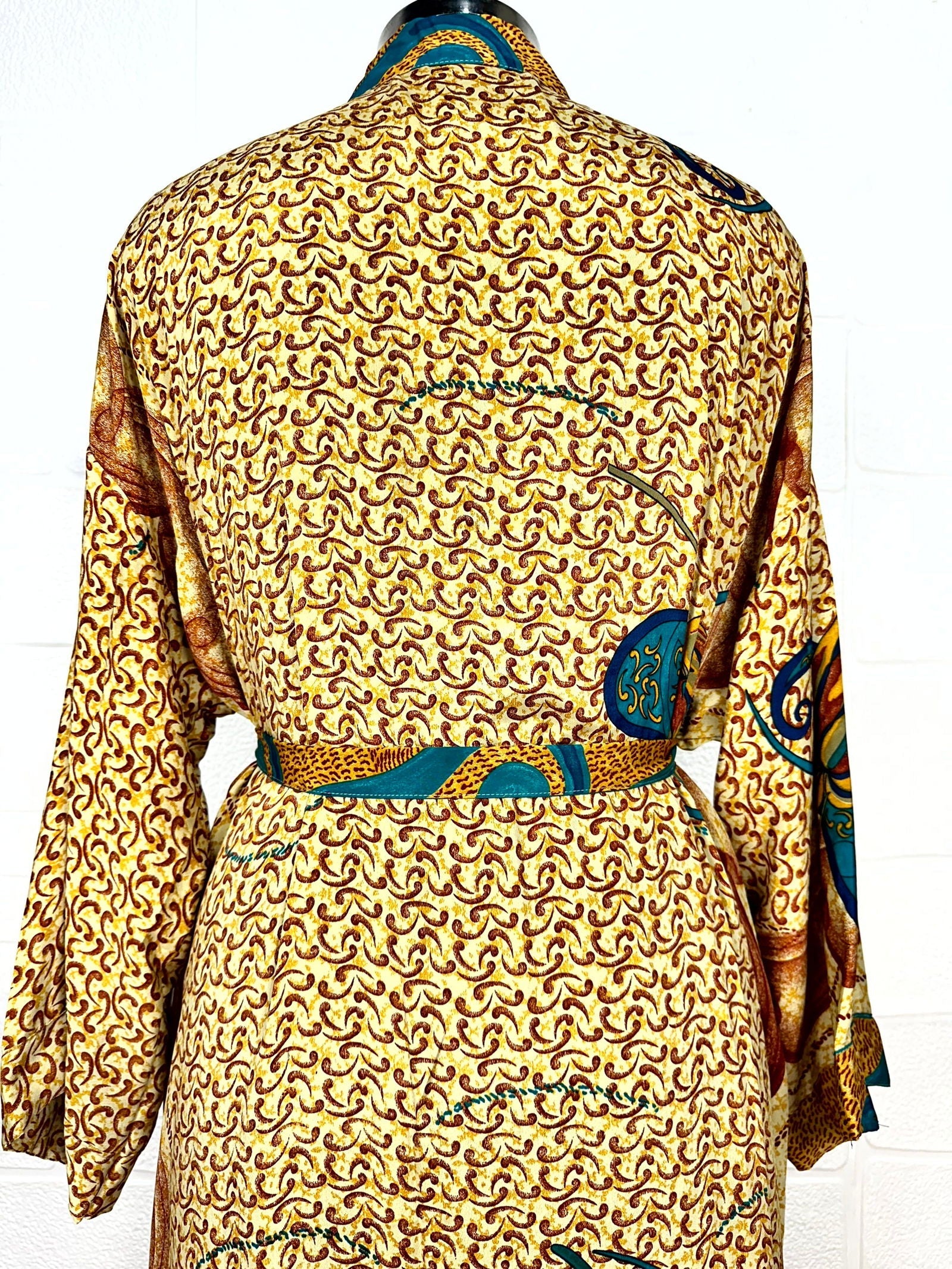 Recycle Boho House Robe Kimono Vintage Silk Sari Dressing Gown, Beach Coverup, Bridesmaid, Anniversary Gift Her | Paisley Print