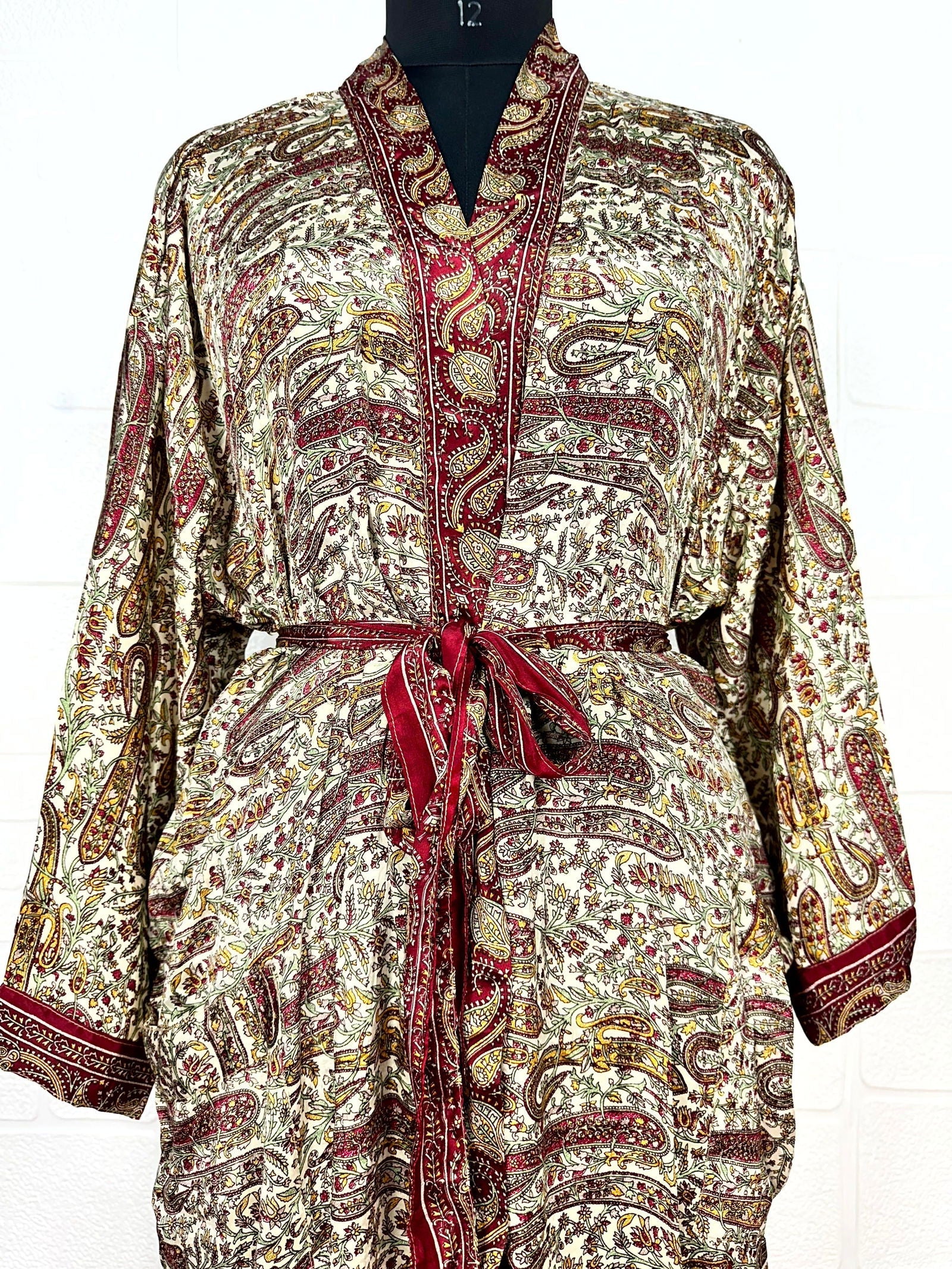 Recycle Boho House Robe Kimono Vintage Silk Sari Dressing Gown, Beach Coverup, Bridesmaid, Anniversary Gift Her | Paisley Print