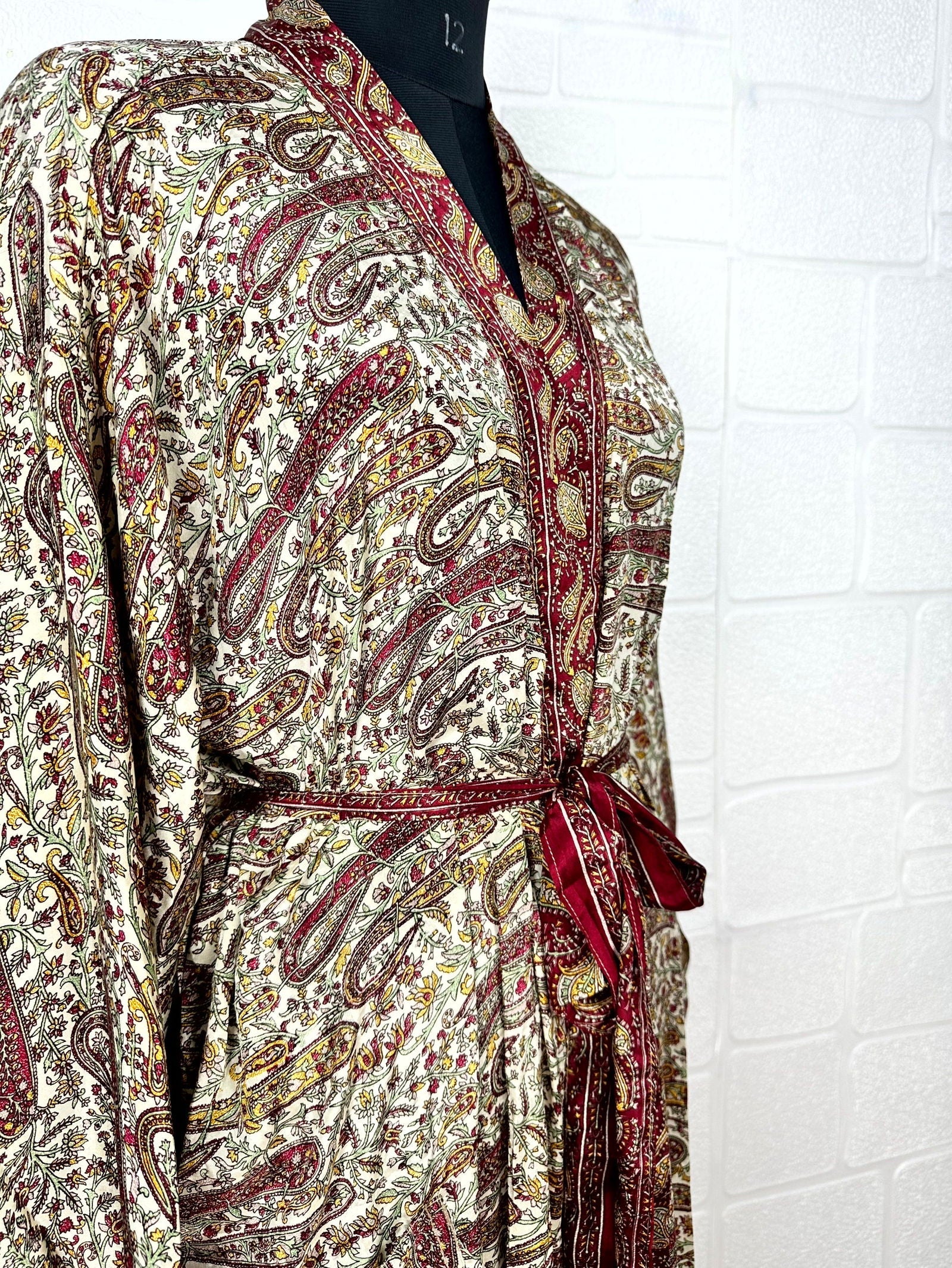 Recycle Boho House Robe Kimono Vintage Silk Sari Dressing Gown, Beach Coverup, Bridesmaid, Anniversary Gift Her | Paisley Print