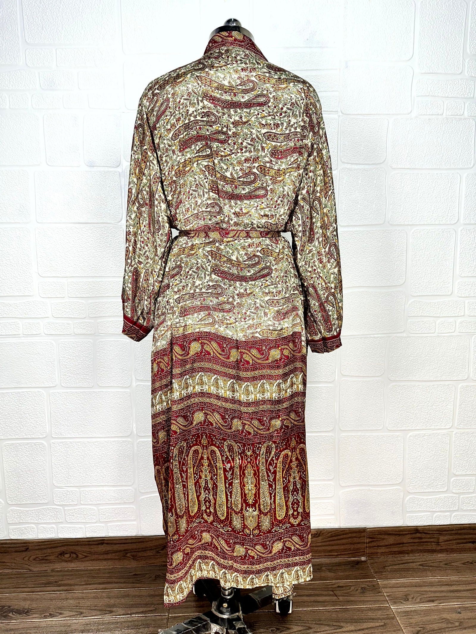 Recycle Boho House Robe Kimono Vintage Silk Sari Dressing Gown, Beach Coverup, Bridesmaid, Anniversary Gift Her | Paisley Print