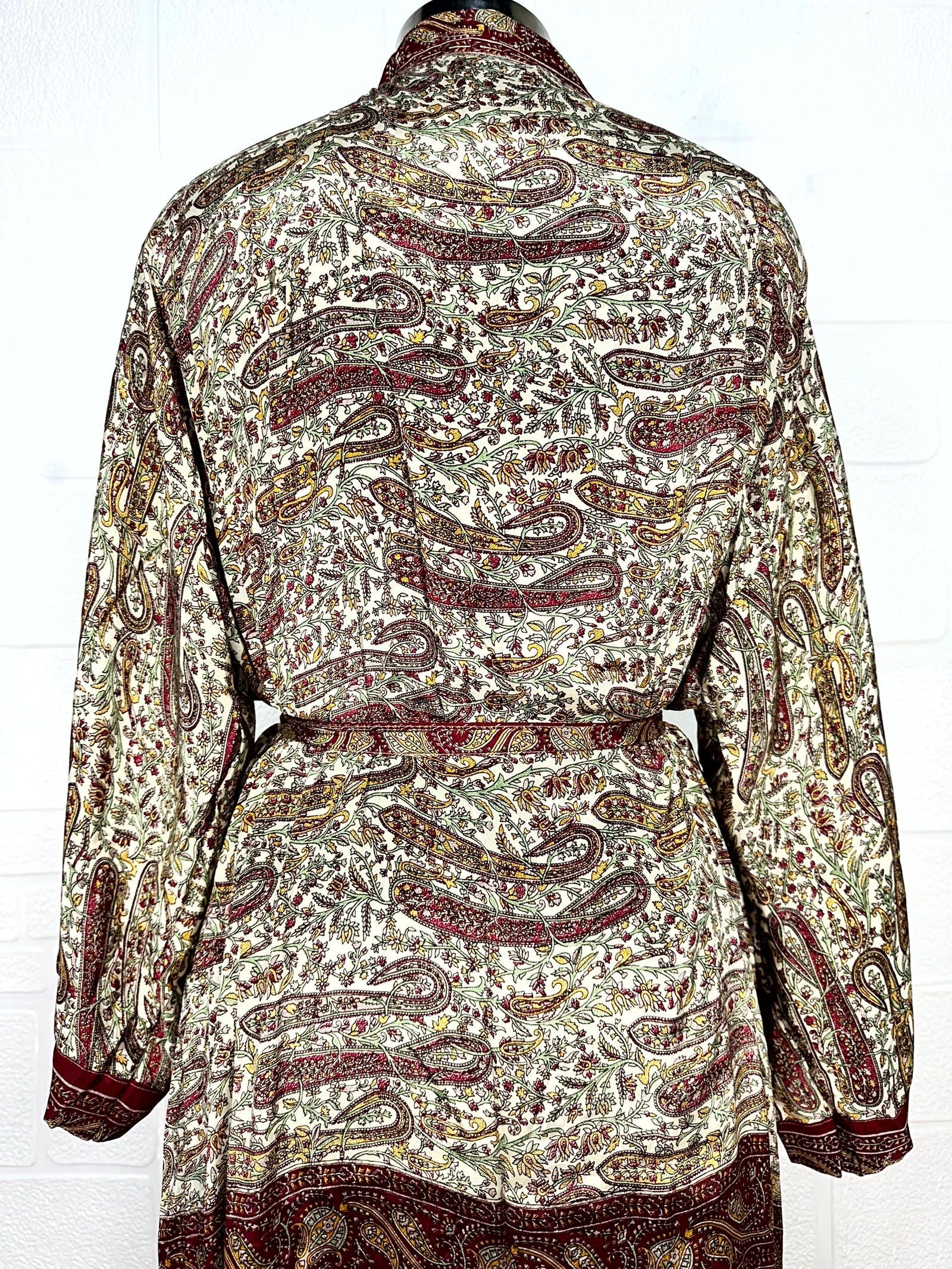 Recycle Boho House Robe Kimono Vintage Silk Sari Dressing Gown, Beach Coverup, Bridesmaid, Anniversary Gift Her | Paisley Print
