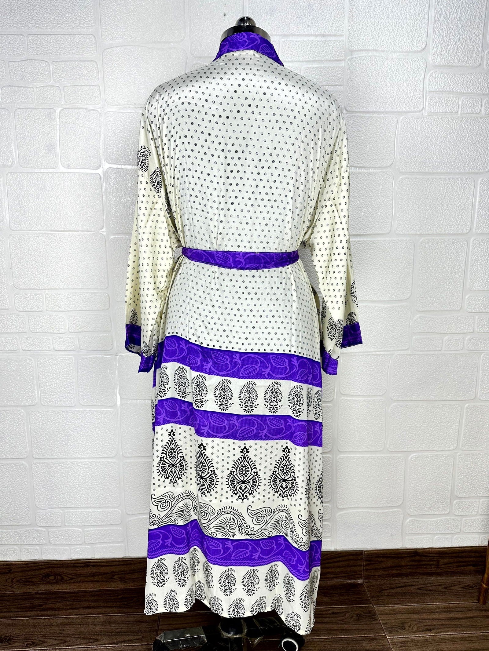 Recycle Boho House Robe Kimono Vintage Silk Sari Dressing Gown, Beach Coverup, Bridesmaid, Anniversary Gift Her | Paisley Print Beige Purple