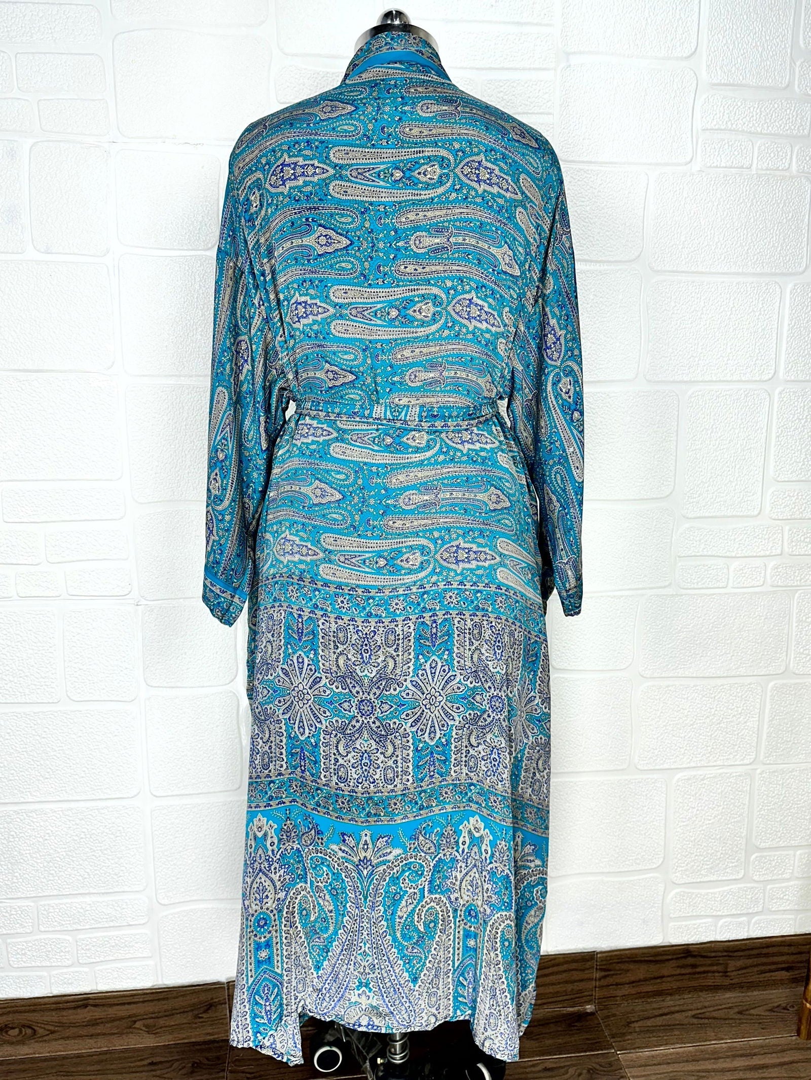 Recycle Boho House Robe Kimono Vintage Silk Sari Dressing Gown, Beach Coverup, Bridesmaid, Anniversary Gift Her | Paisley Print Blue Grey