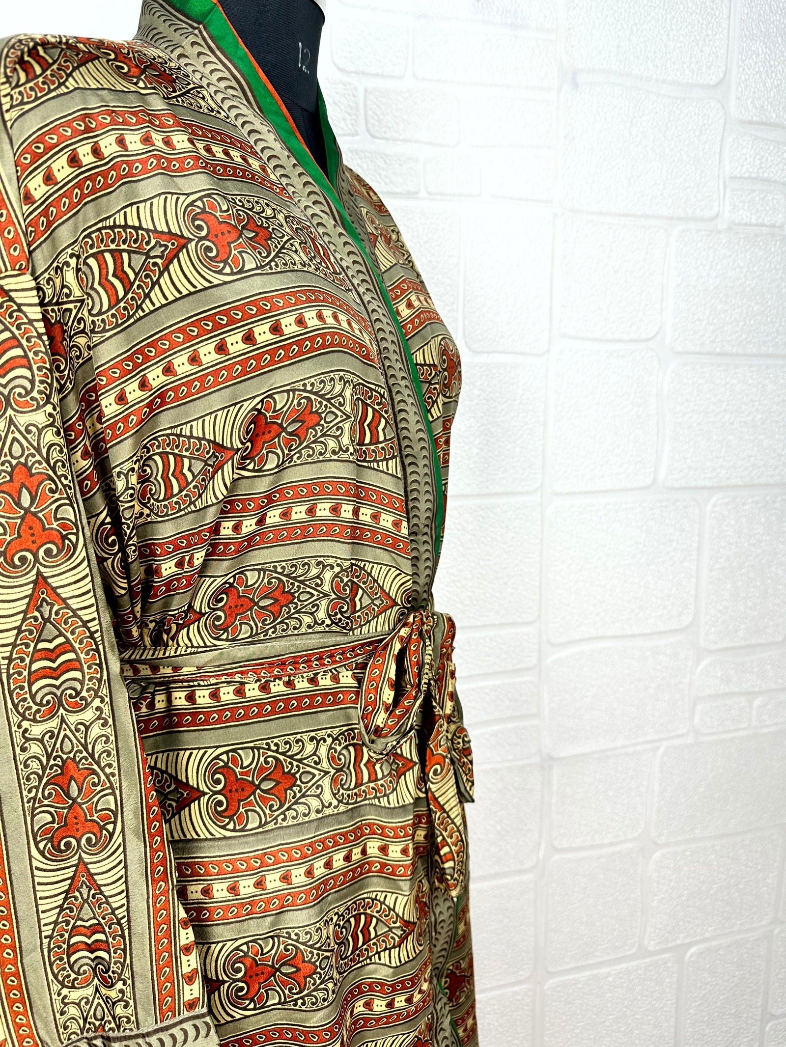 Recycle Boho House Robe Kimono Vintage Silk Sari Dressing Gown, Beach Coverup, Bridesmaid, Anniversary Gift Her | Paisley Print Grey Orange