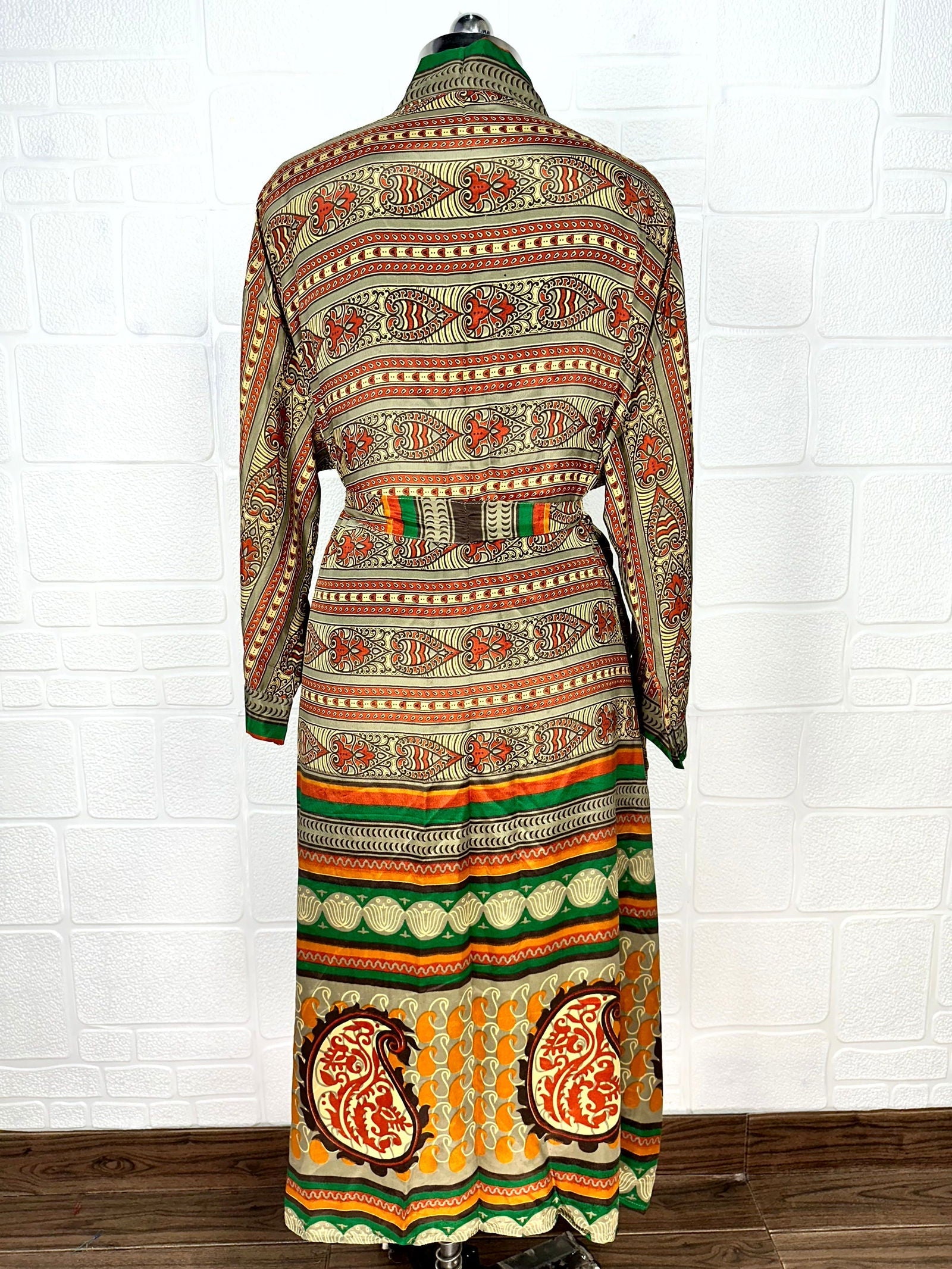 Recycle Boho House Robe Kimono Vintage Silk Sari Dressing Gown, Beach Coverup, Bridesmaid, Anniversary Gift Her | Paisley Print Grey Orange