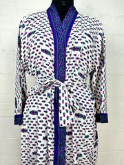 Recycle Boho House Robe Kimono Vintage Silk Sari Dressing Gown, Beach Coverup, Bridesmaid, Anniversary Gift Her | Paisley Print White Blue