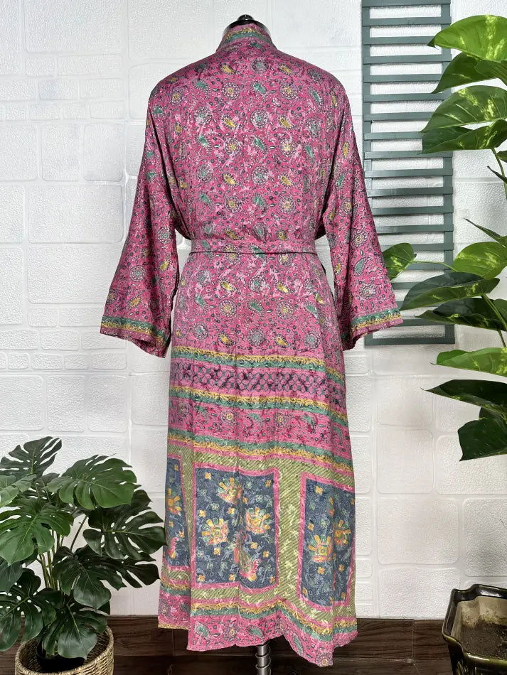 Recycle Boho House Robe Kimono Vintage Silk Sari Dressing Gown, Beach Coverup, Bridesmaid, Anniversary Gift Her | Pink Yellow