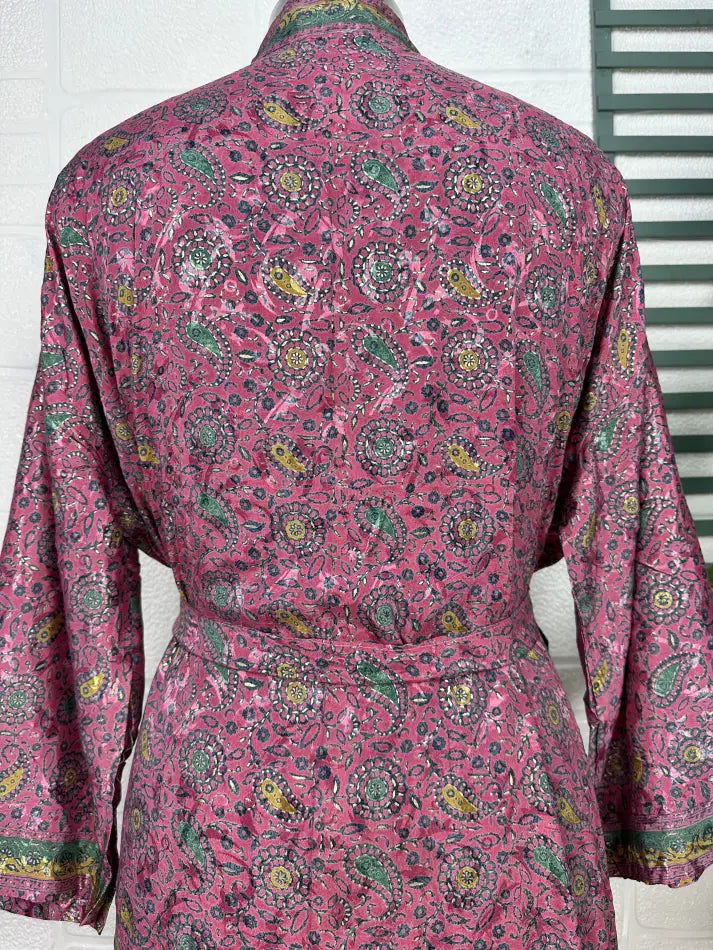 Recycle Boho House Robe Kimono Vintage Silk Sari Dressing Gown, Beach Coverup, Bridesmaid, Anniversary Gift Her | Pink Yellow