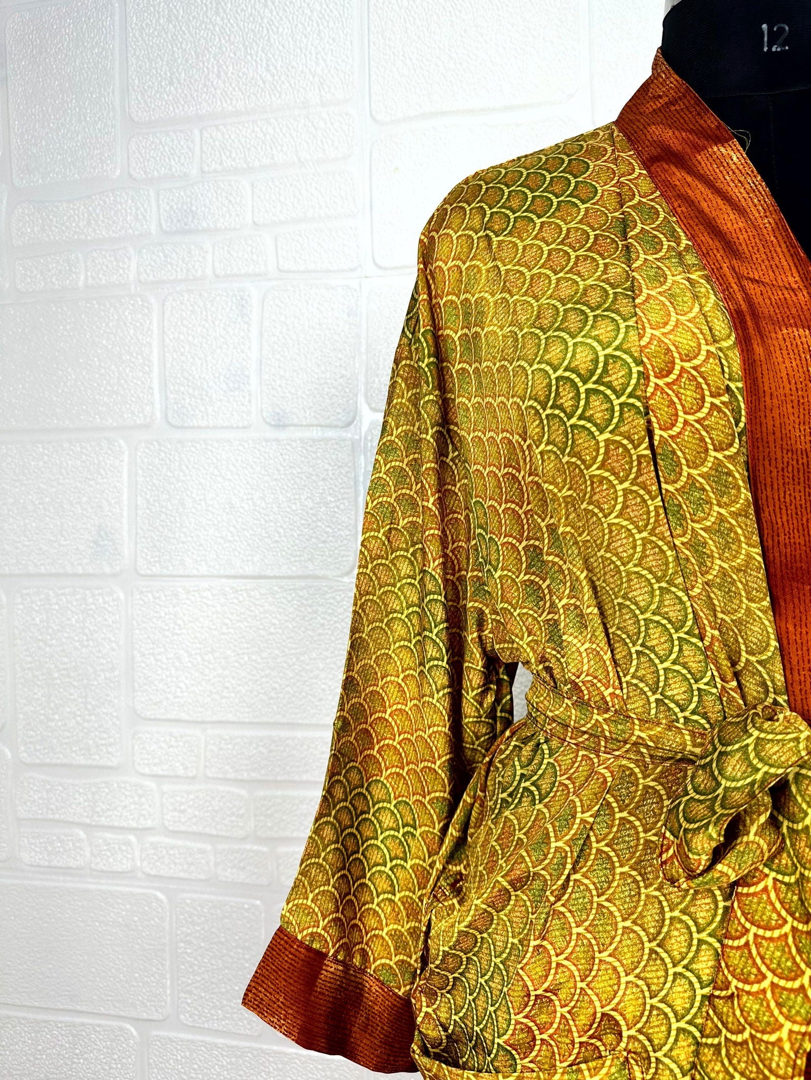Recycle Boho House Robe Kimono Vintage Silk Sari Dressing Gown, Beach Coverup, Bridesmaid, Anniversary Gift Her | Seigaiha Print